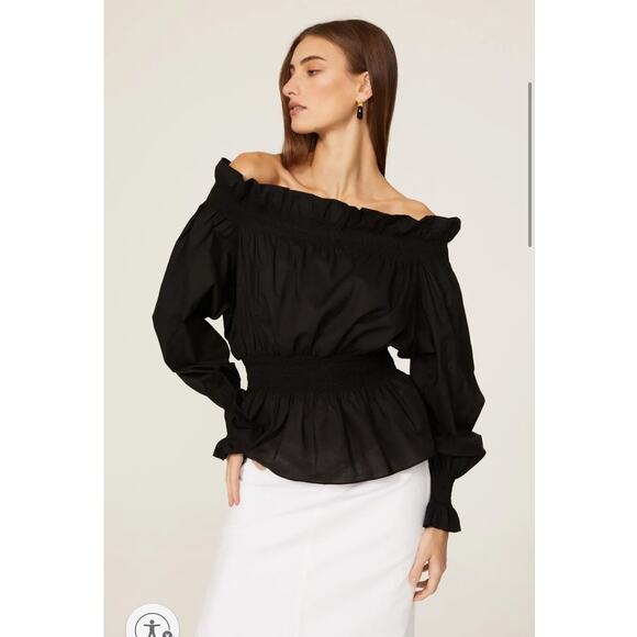 Adam Lippes | Smocked Off The Shoulder Cotton Blouse Black Size 12 Large - Picture 1 of 9